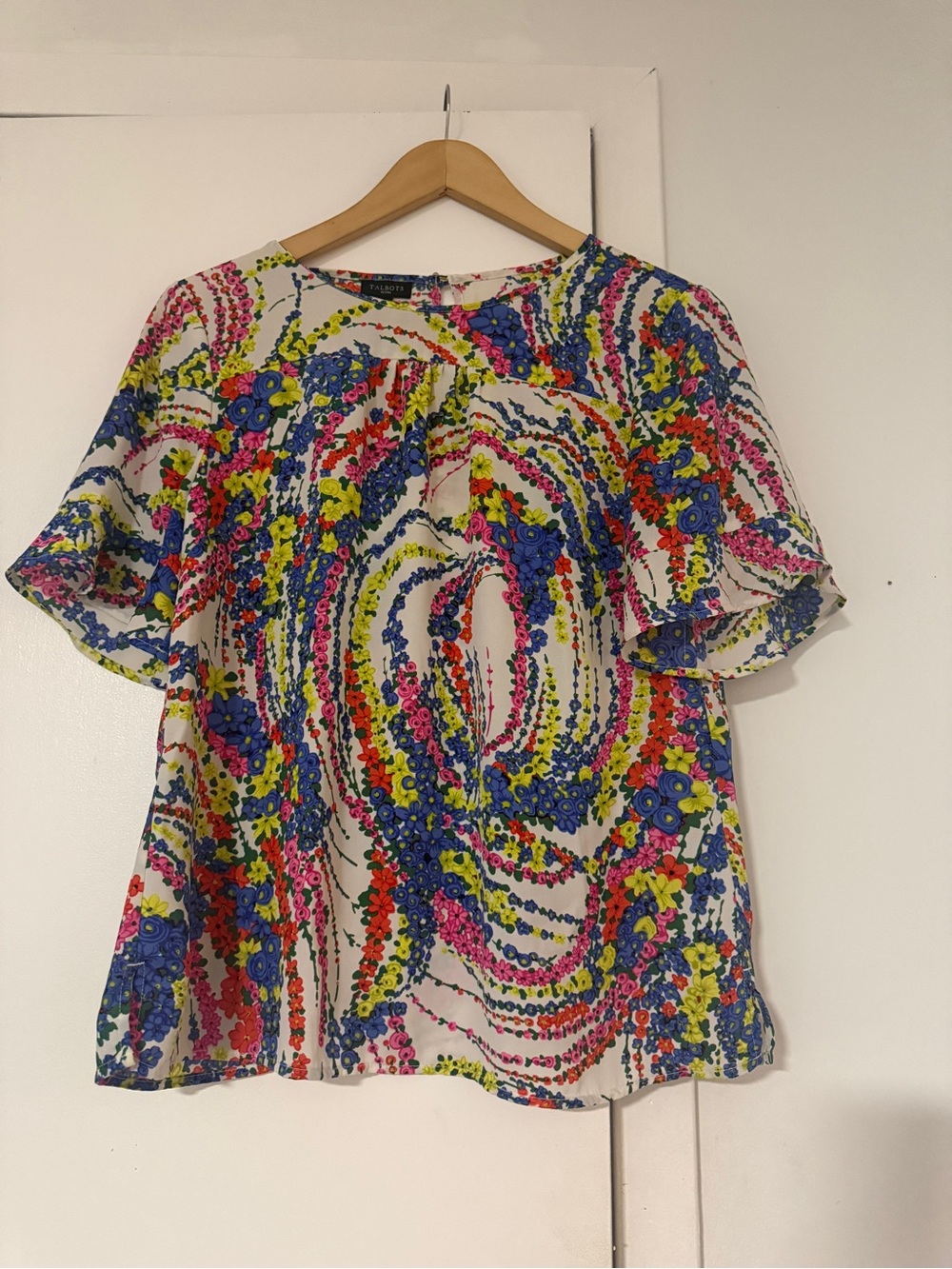 Talbots Multicolor Floral Swirl Blouse - White, Blue, Yellow, Pink, Red, Green